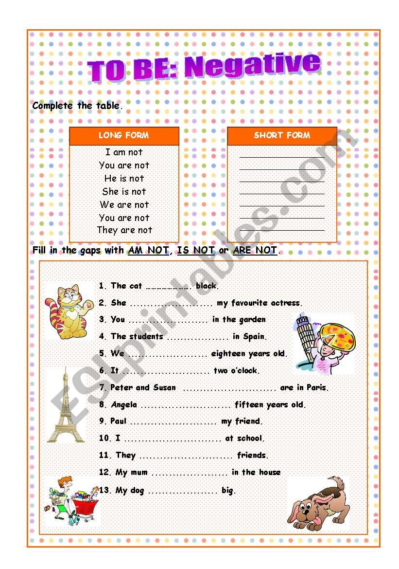 Negative Verb To Be Worksheets