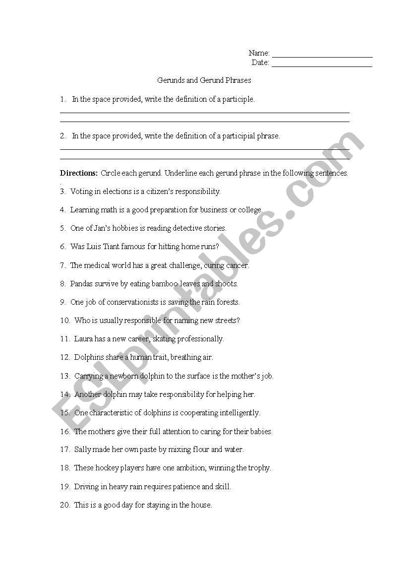 English Worksheets Gerunds And Gerund Phrases Worksheet