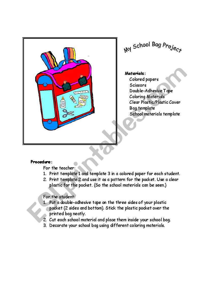 English worksheets: My School Bag Project