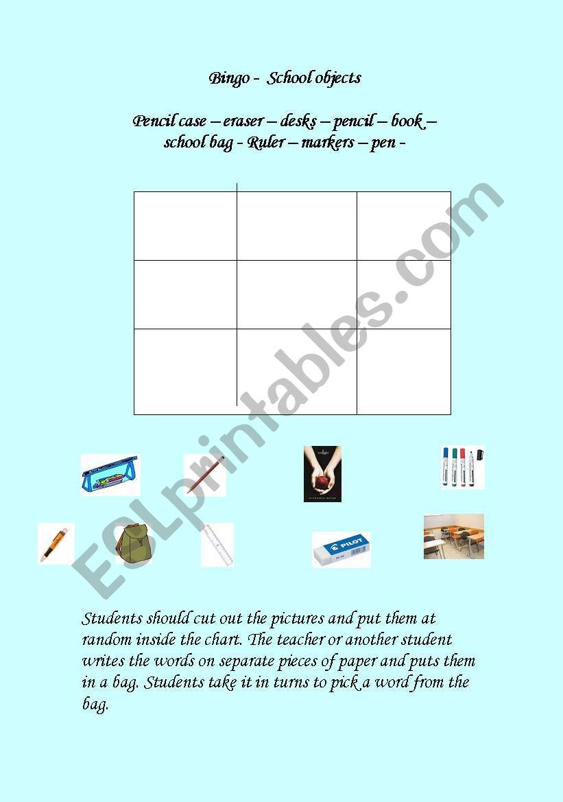 bingo - School objects worksheet
