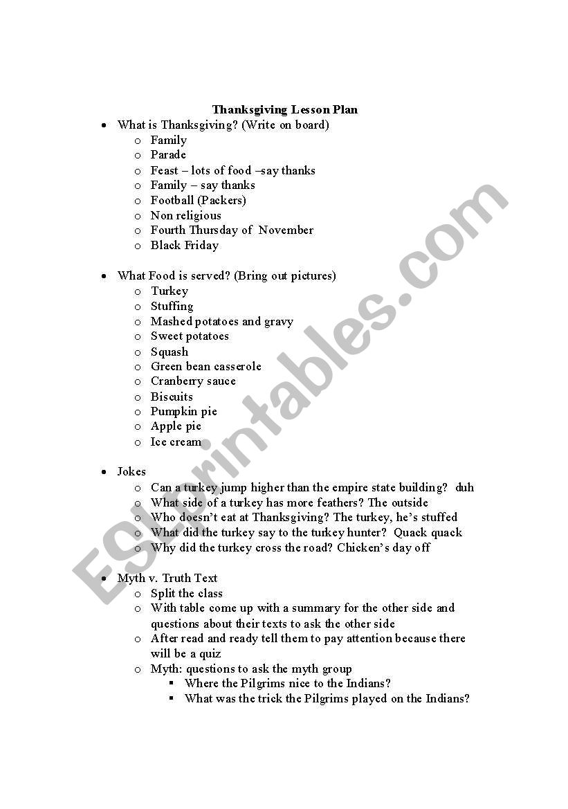 Thanksgiving Lesson Plan worksheet