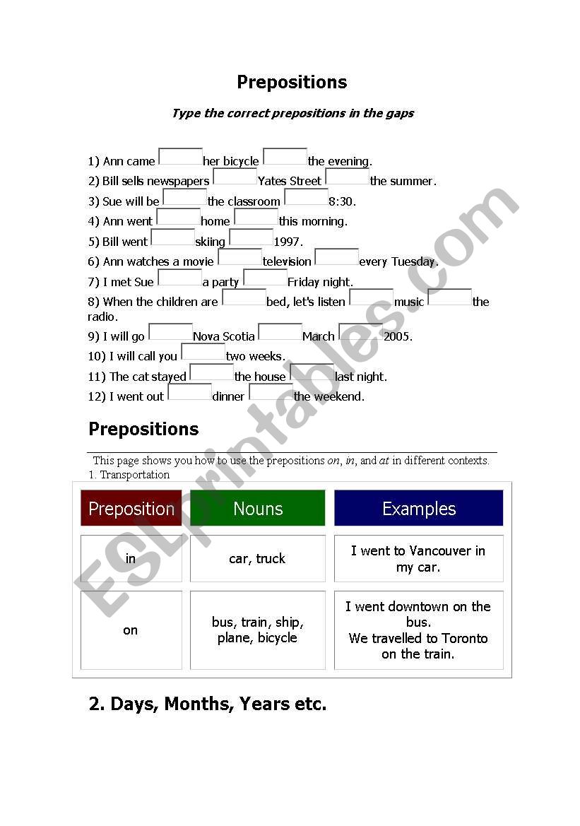 Preposition worksheet