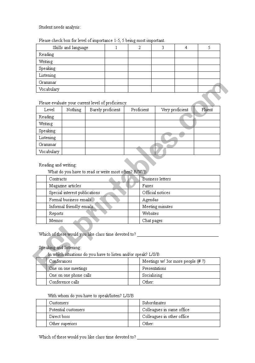 Student needs analysis form worksheet