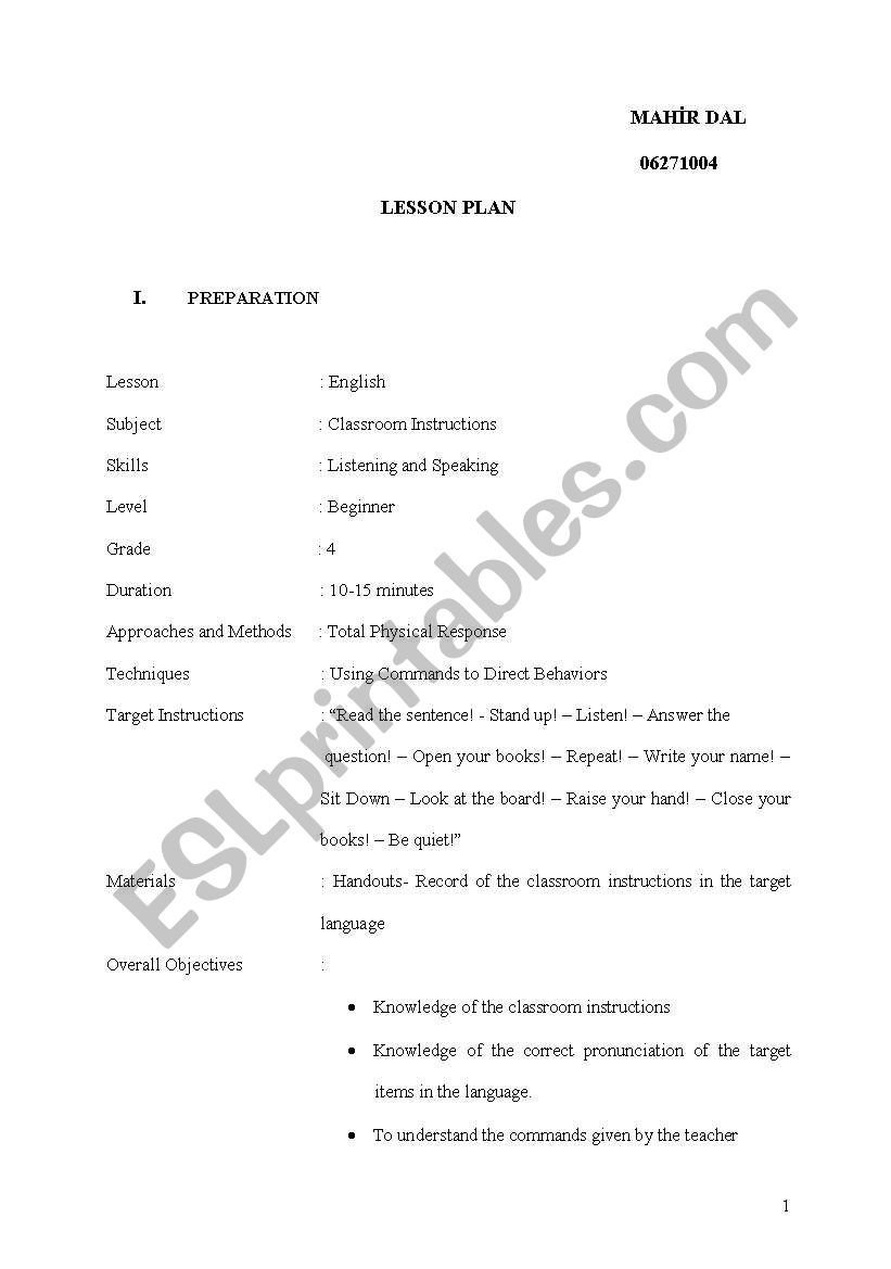 classroom istructions worksheet