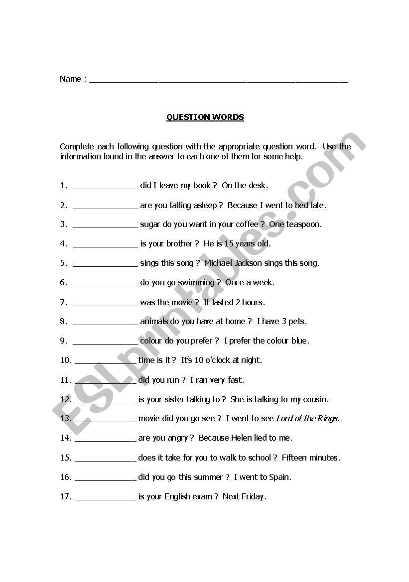 Question words worksheet