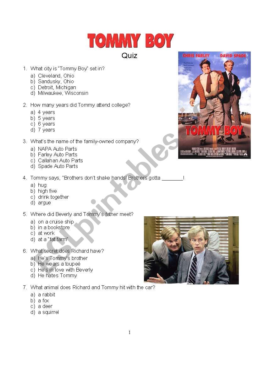 TOMMY BOY Quiz worksheet