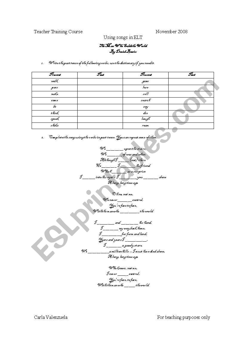 Song The man who sold the world worksheet