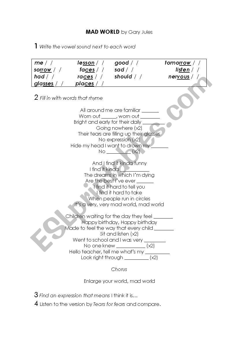 Listen to a song: Mad World worksheet