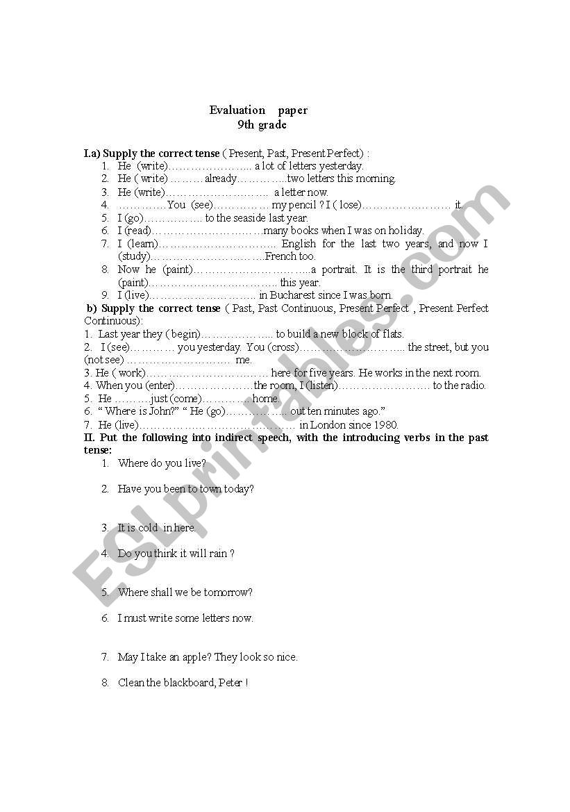 Evaluation paper 9th form worksheet