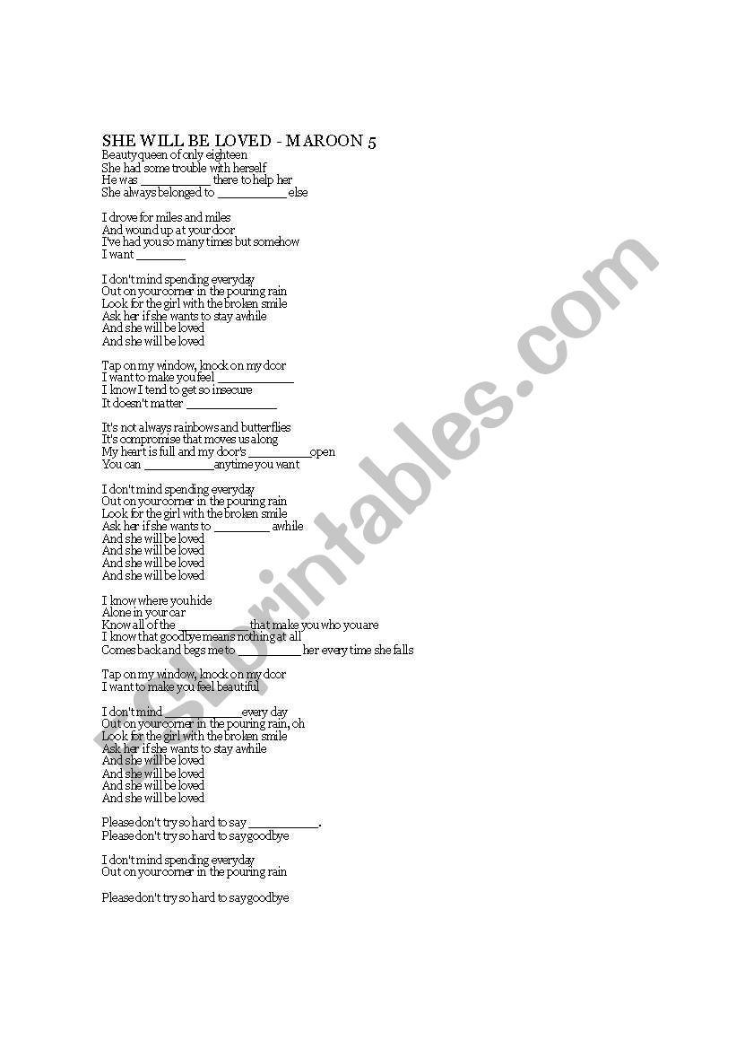 She will be loved - Maroon 5 worksheet