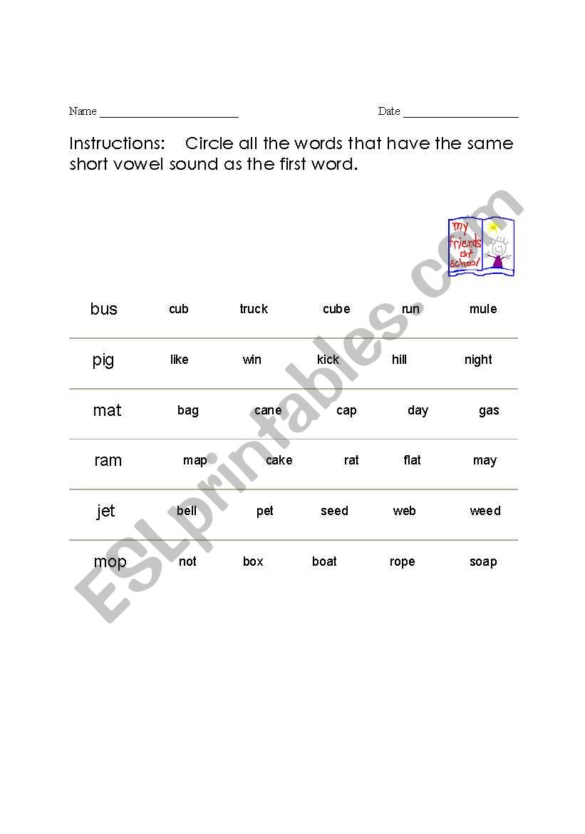 SHORT VOWELS worksheet