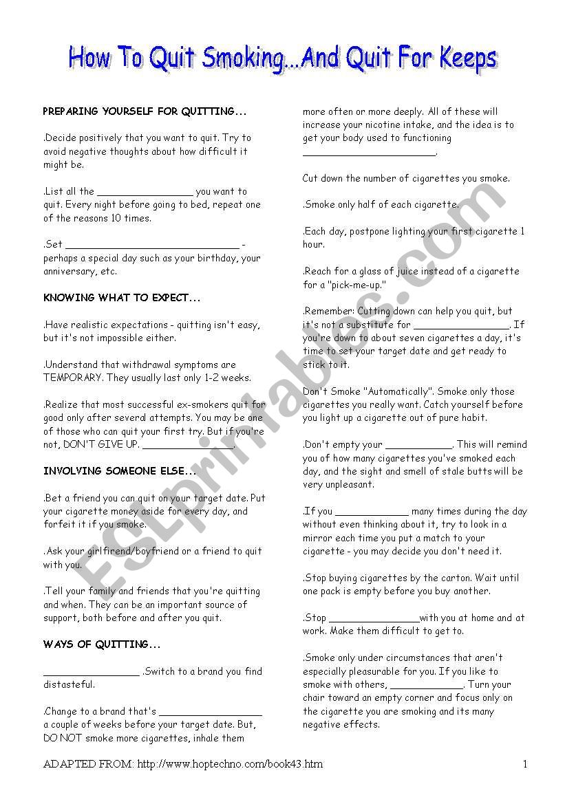 how to quit smoking esl worksheet by borna