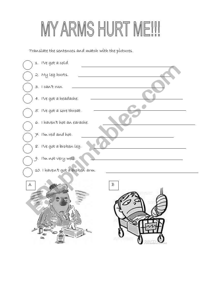 my arms hurt me! worksheet