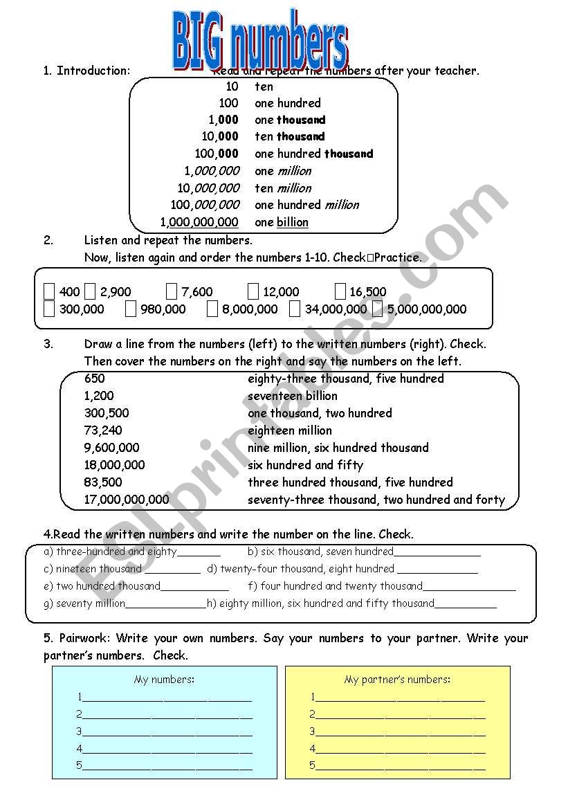 Big Numbers Lesson Plan W Fun Quiz ESL Worksheet By PennyBarker