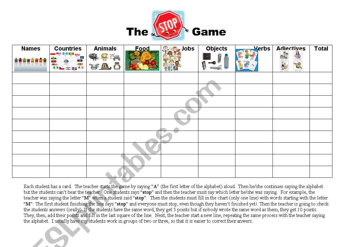 the stop game worksheet