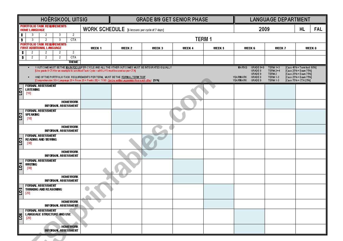 Workschedule grade 8 and 9 worksheet