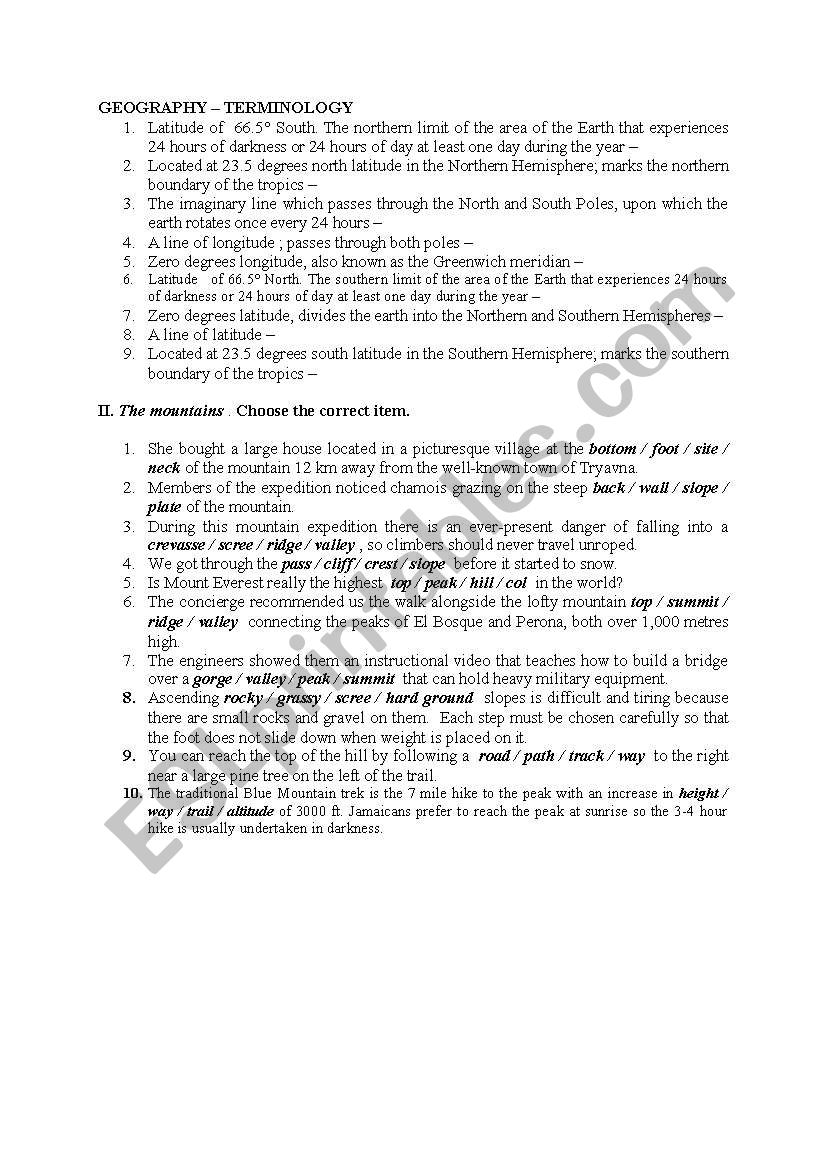 Geographical terminology worksheet