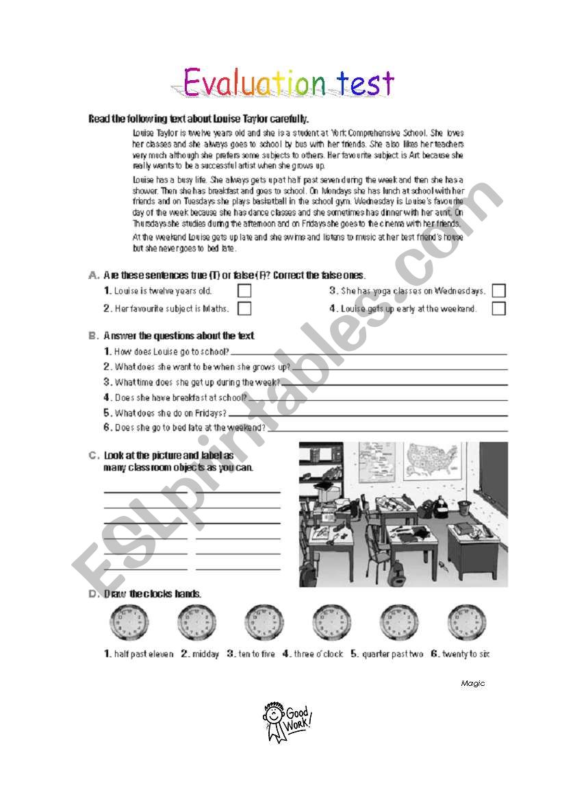 Test about school, times worksheet