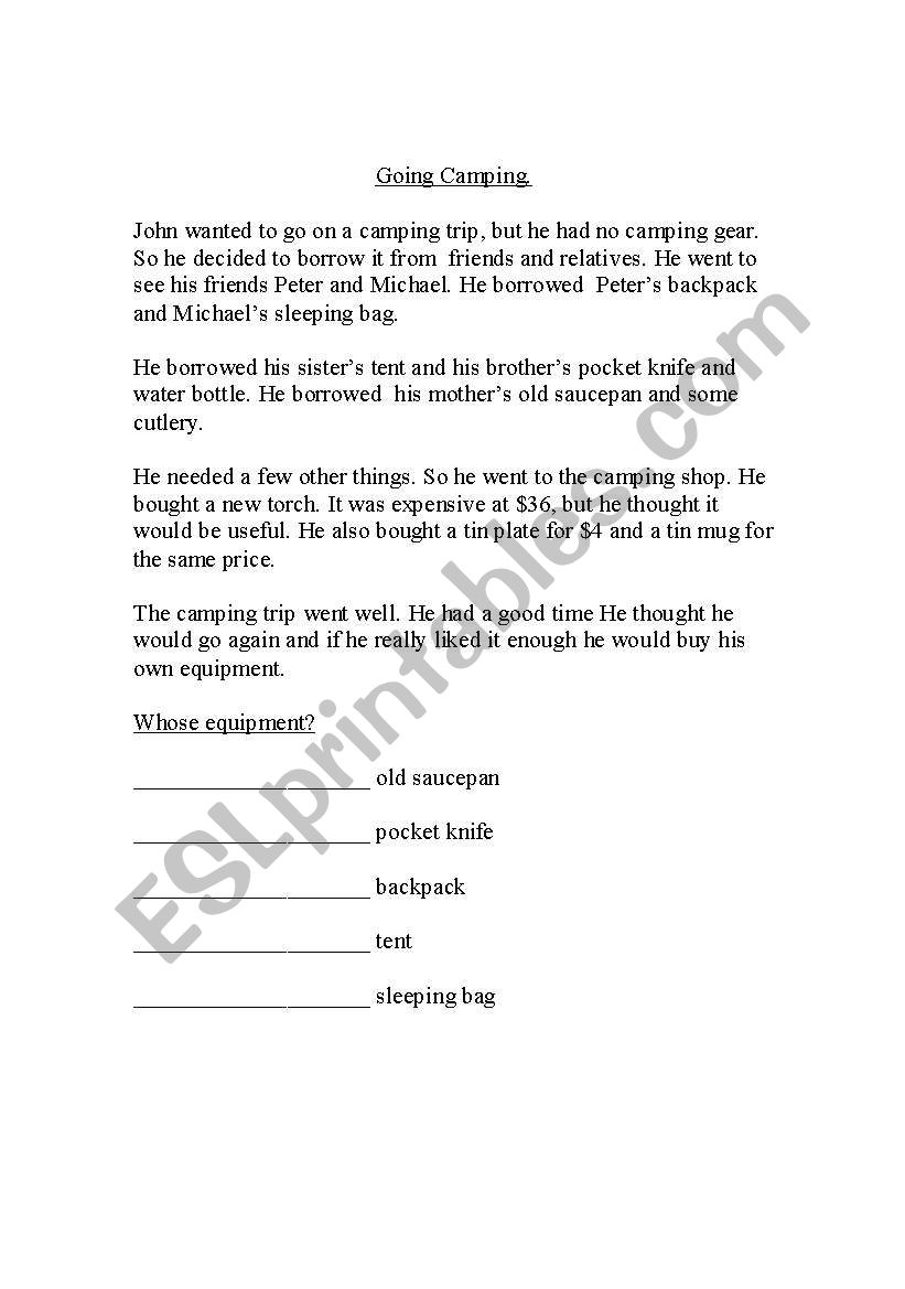 Going Camping worksheet