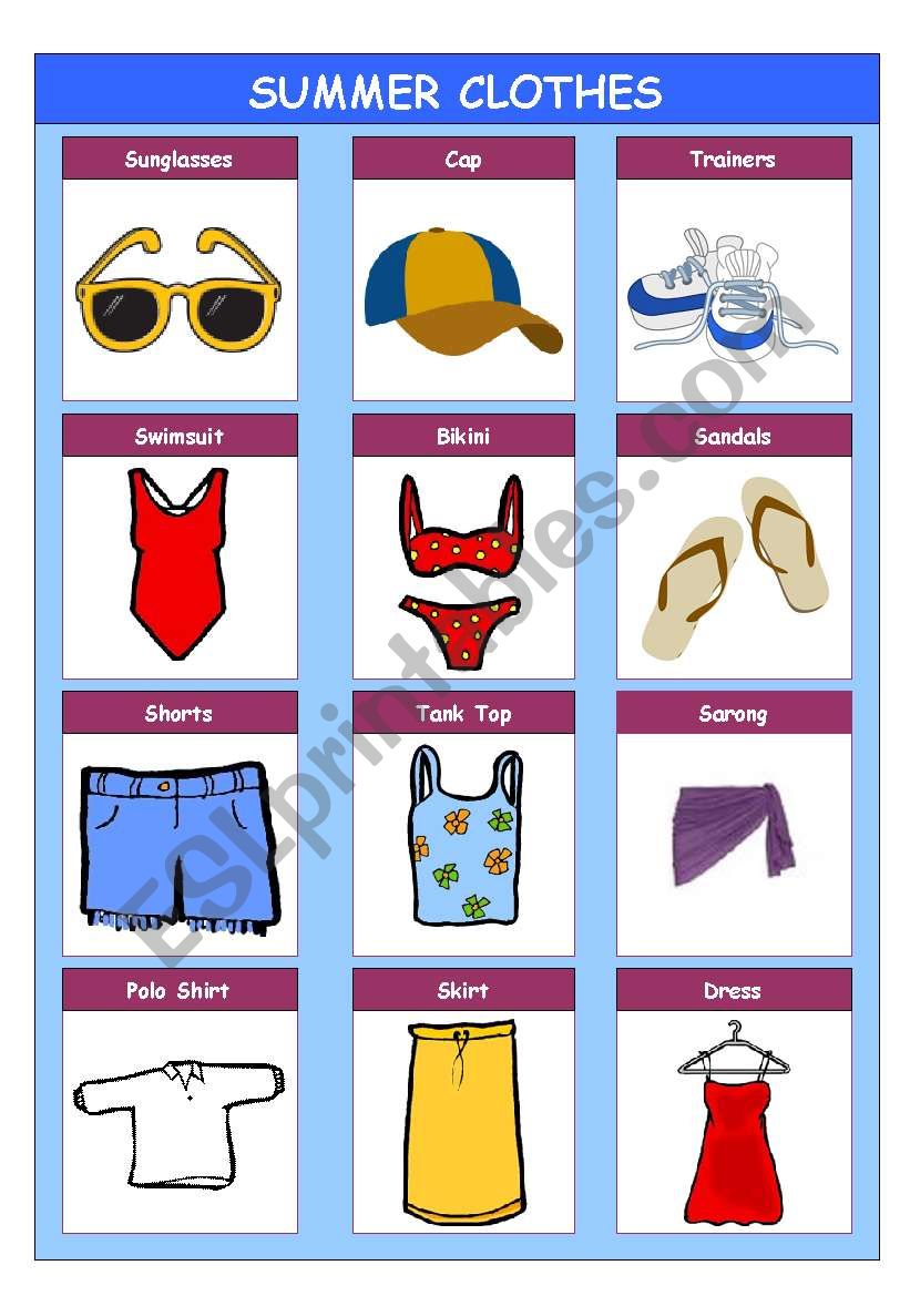 Indonesian Summer Clothes Vocabulary Worksheets, Pakaian Musim Panas