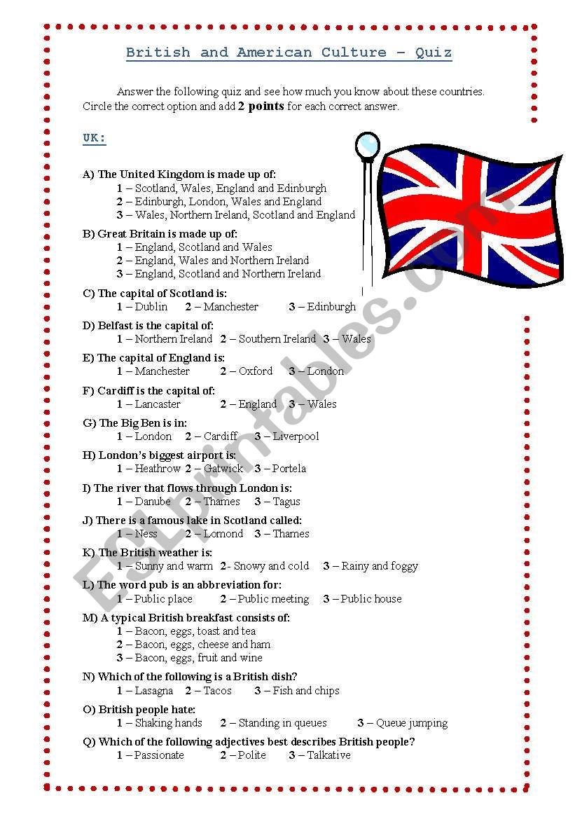 UK and USA culture quiz worksheet