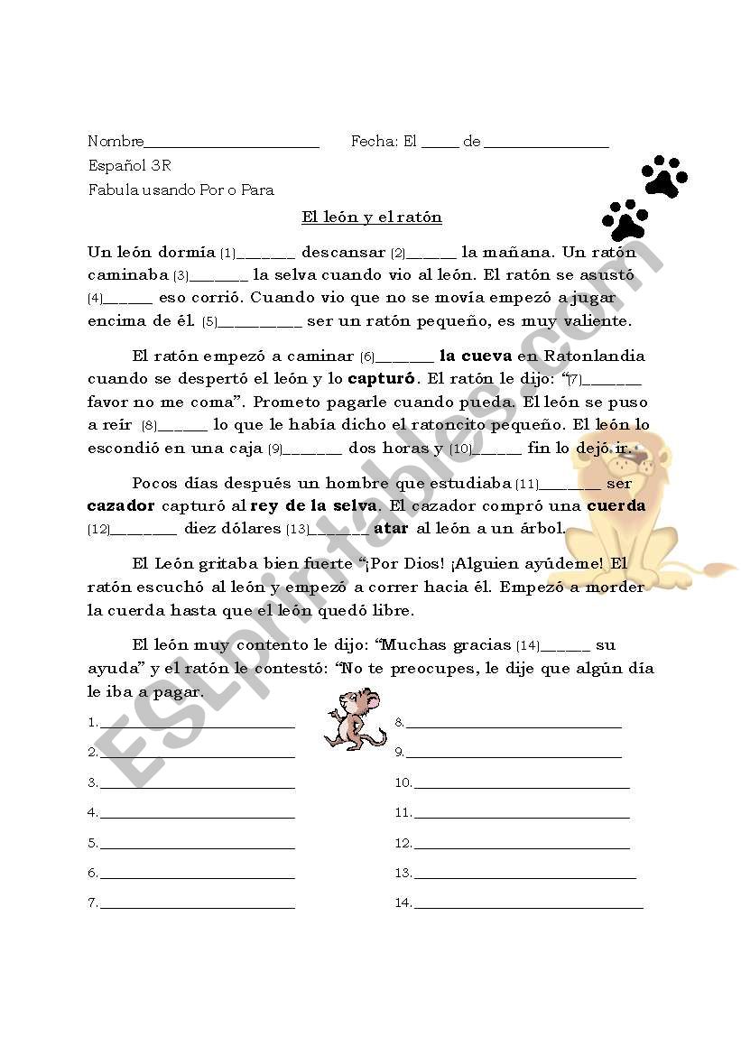 Fable in Spanish using Por or Para