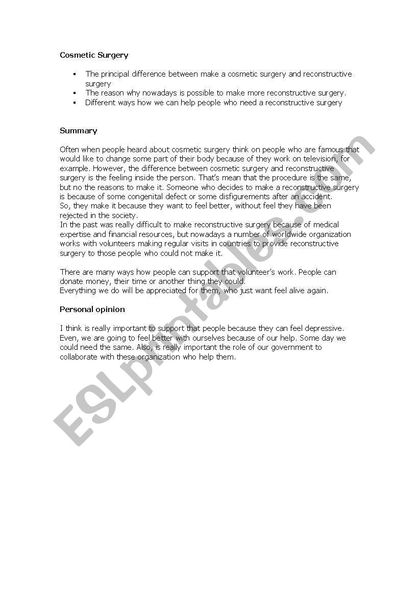 Cosmetic surgery worksheet