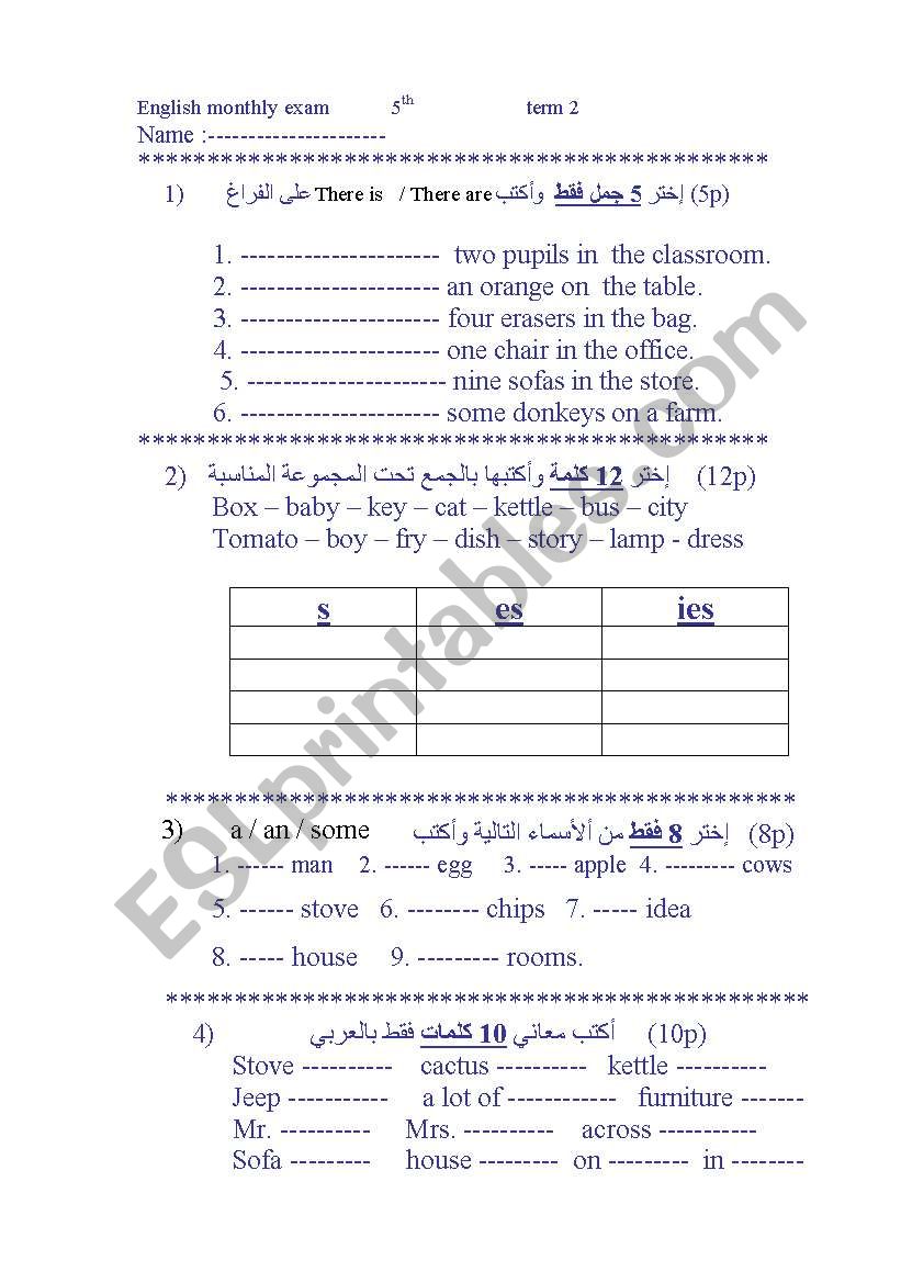 quiz for the 5th grade worksheet