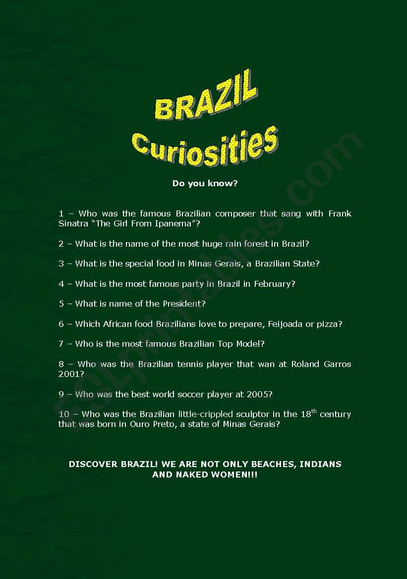 English Worksheets Brazil Curiosities Quiz