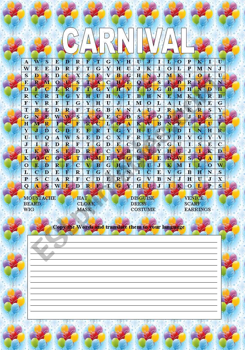 Carnival Wordsearch worksheet