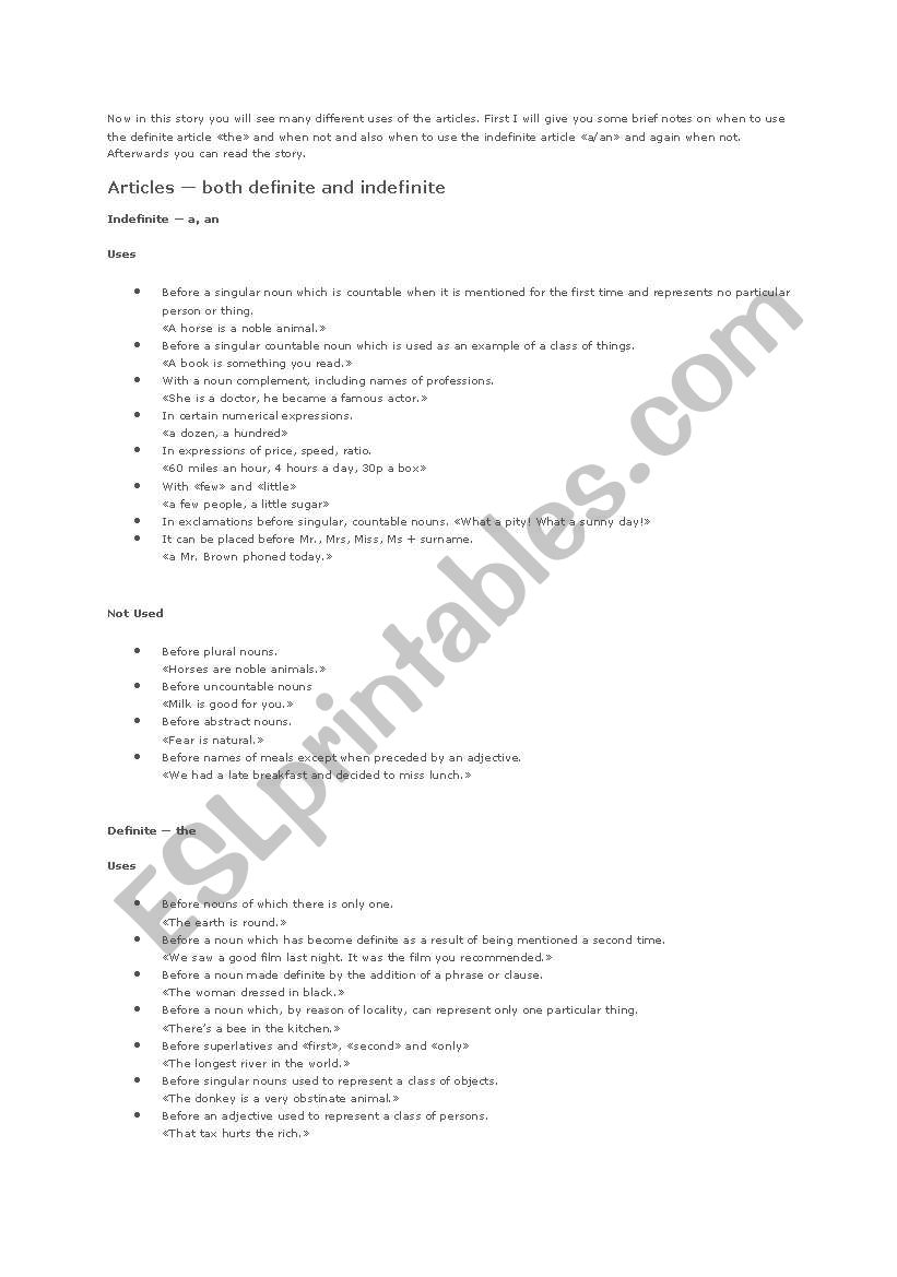 articles worksheet