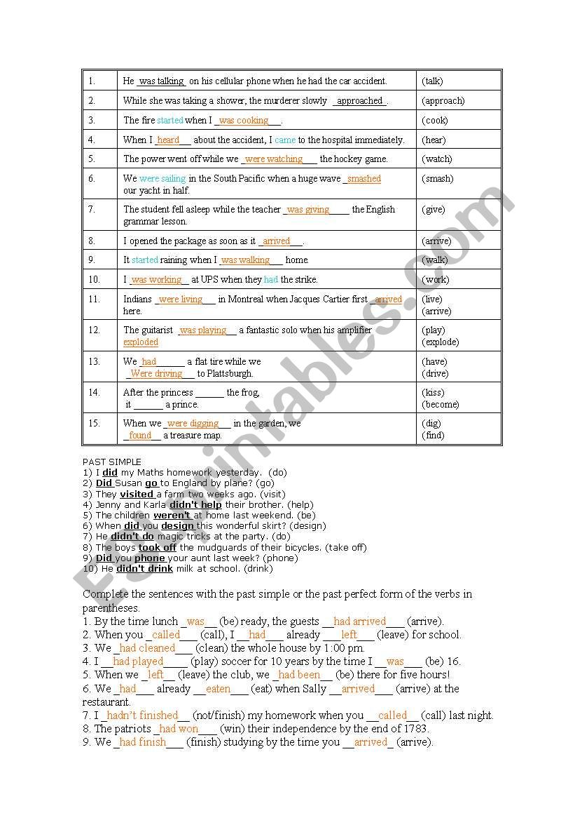 answered exercises with past worksheet