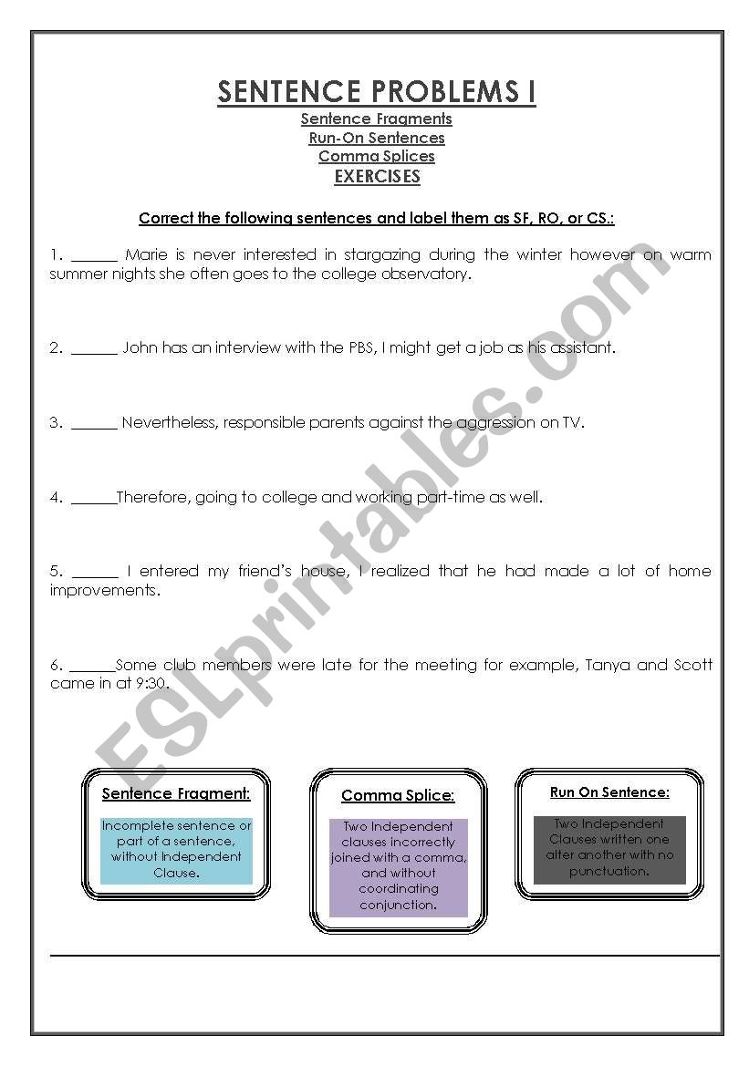 SENTENCE PROBLEMS worksheet