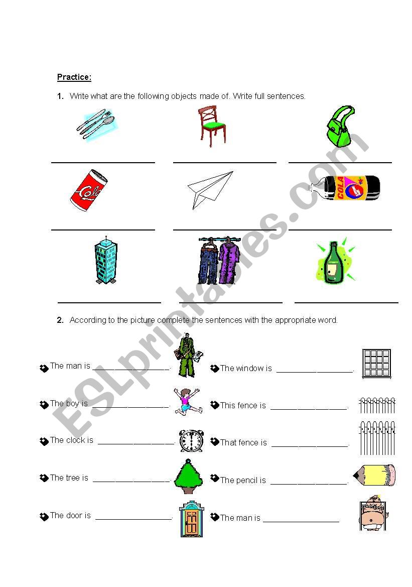 Materials, Sizes, Shapes worksheet