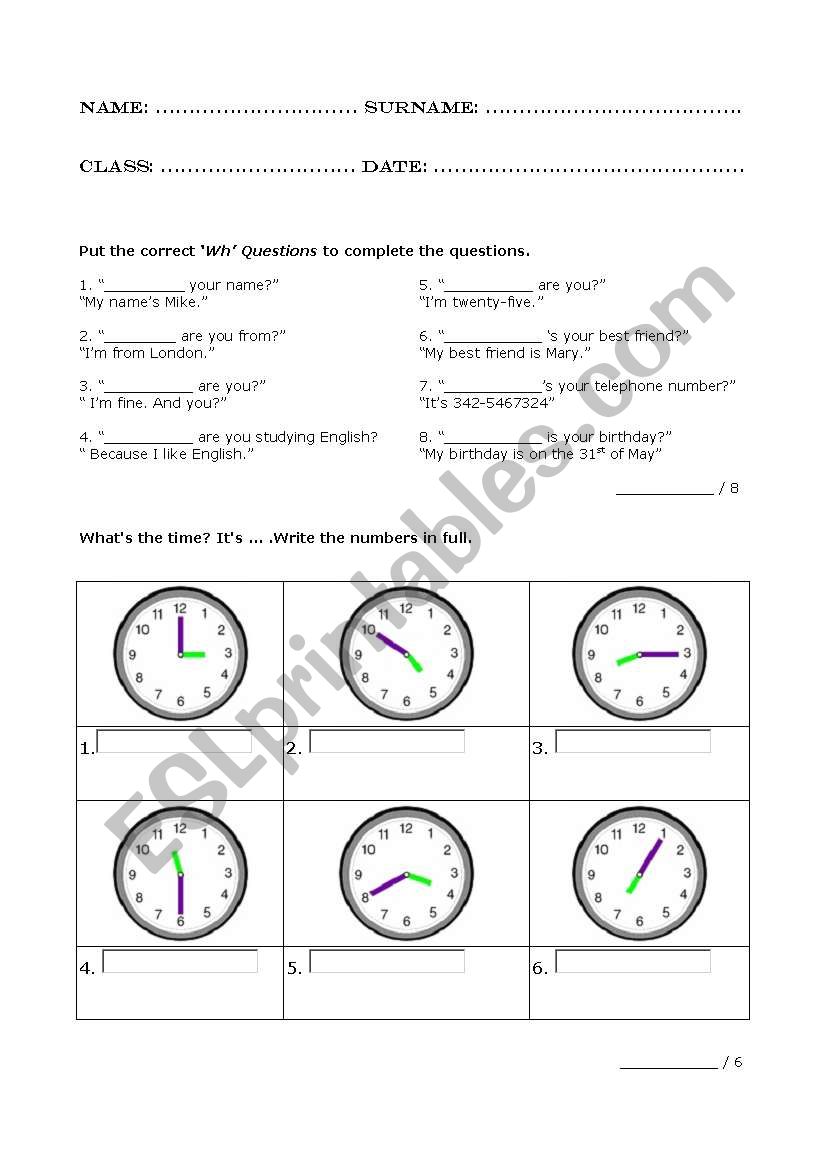 wh questions and times worksheet