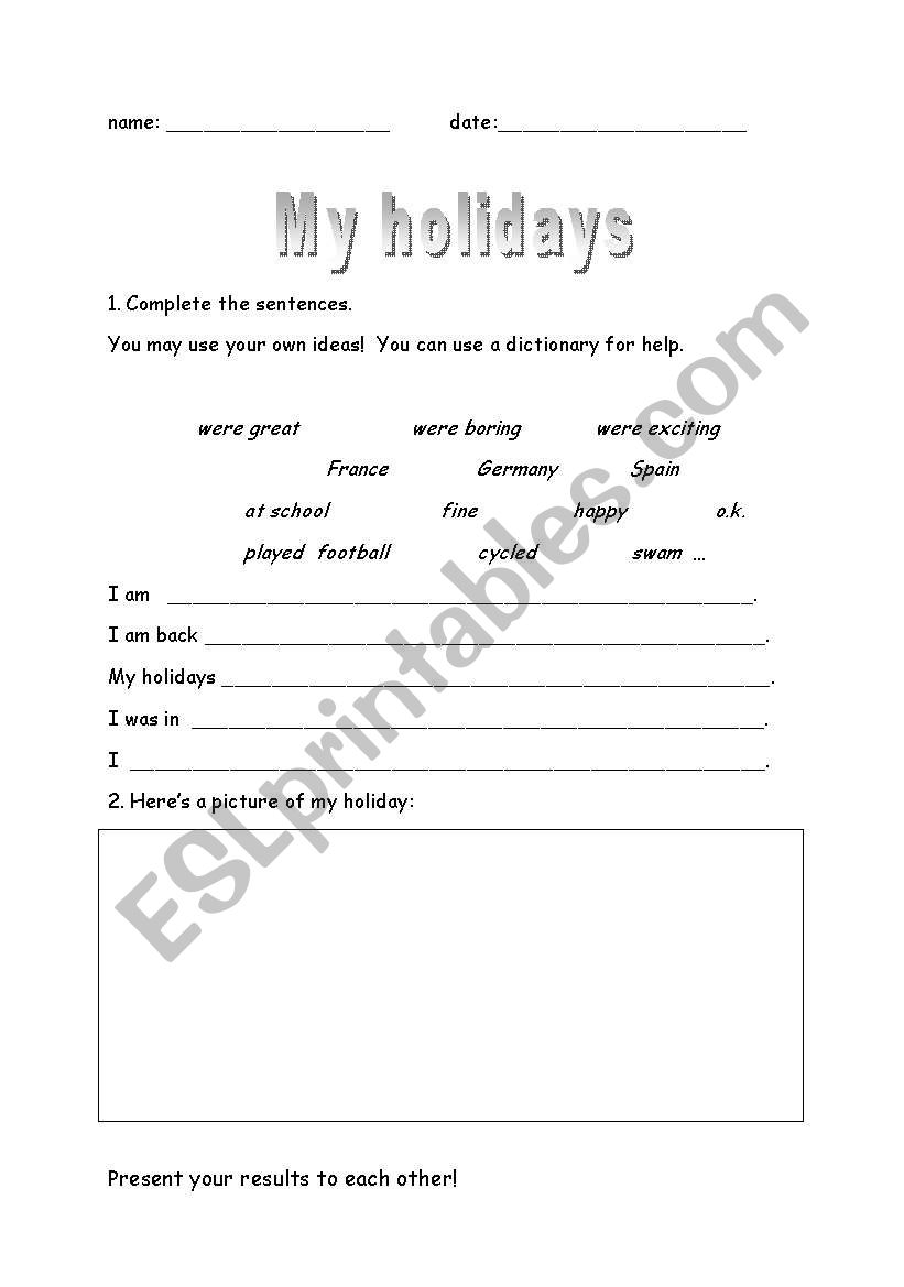 My holidays worksheet