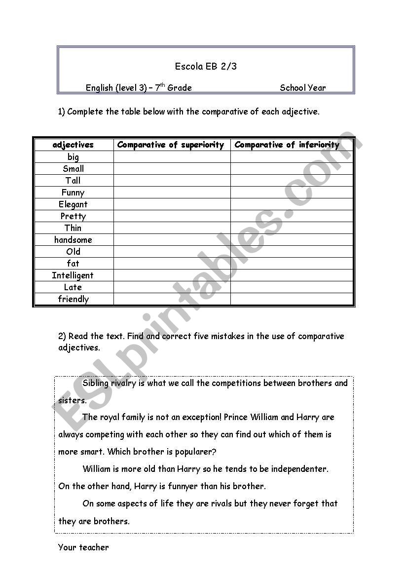 worksheet about the comparatives