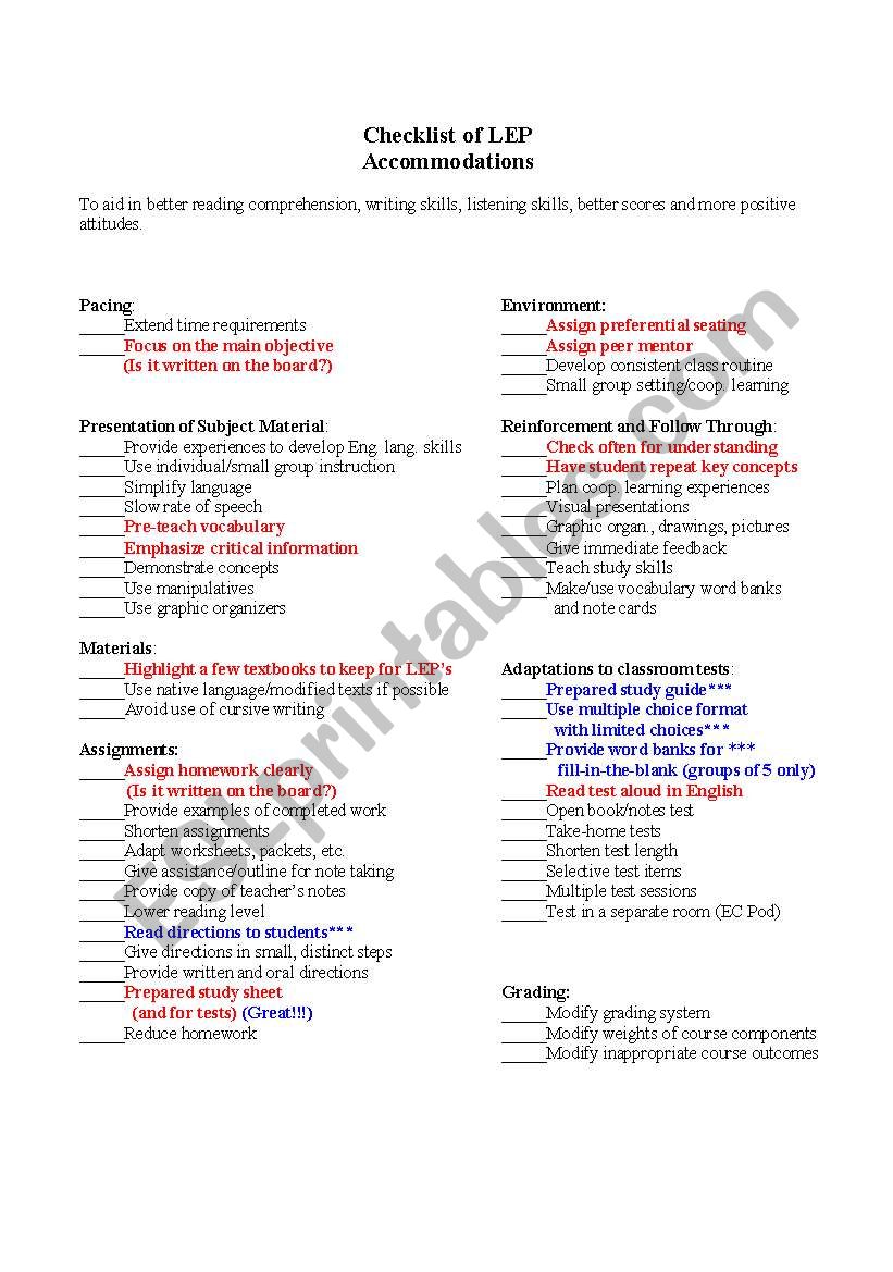Checklist of ELL Accomadations for the Classroom Teacher