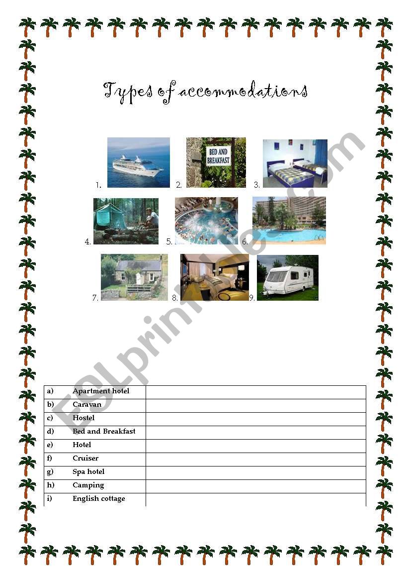 Types of accomodations worksheet