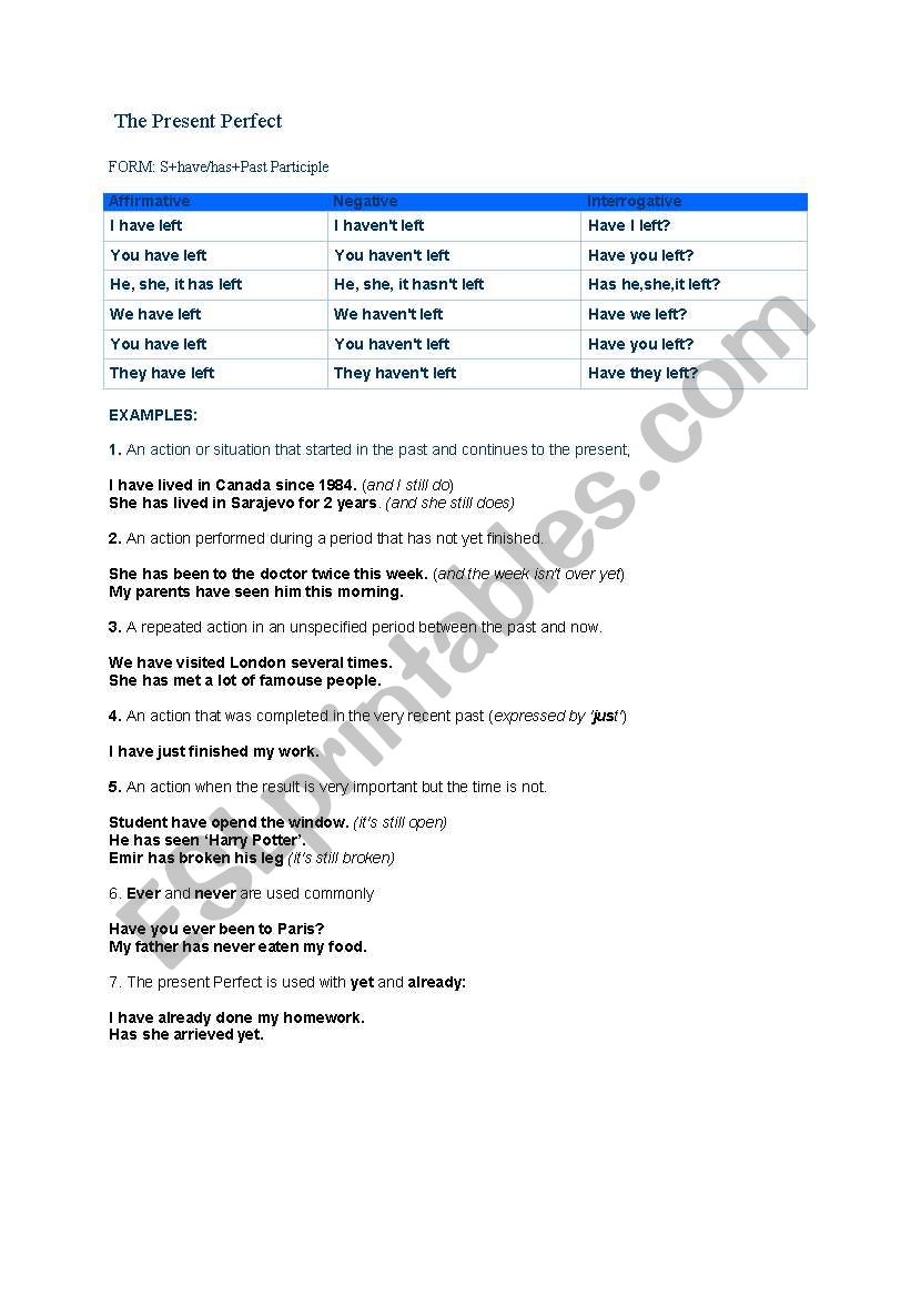 The Present  Perfect worksheet