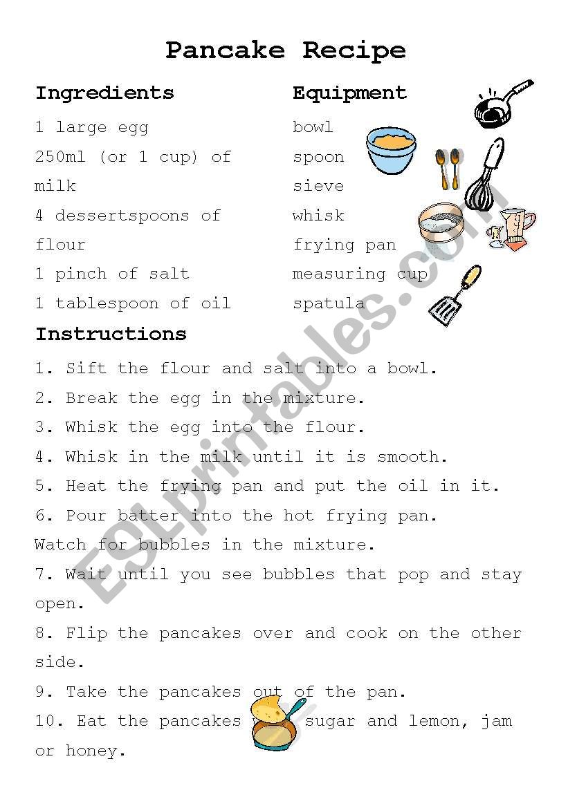 pancake recipe esl worksheet by kirstysan