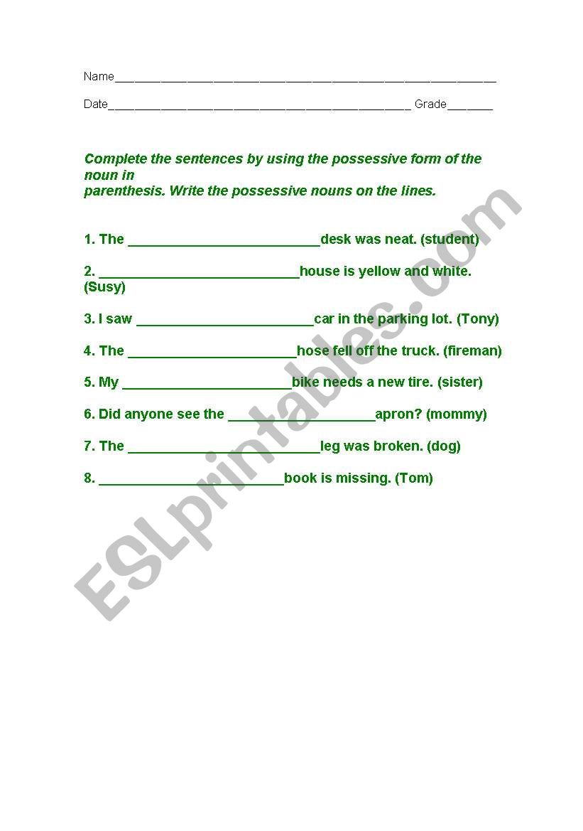 Possesive Form worksheet