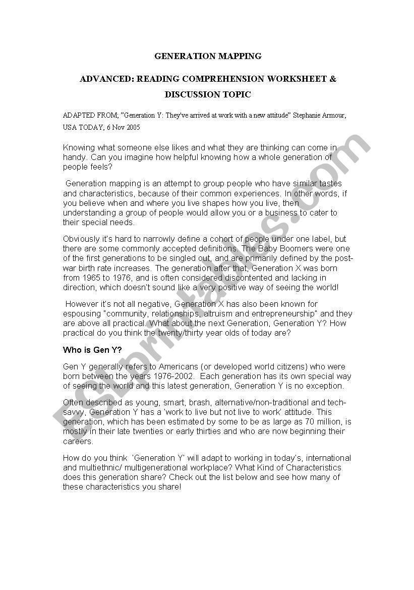 GENERATION MAPPING ADVANCED READING COMPREHENSION WORKSHEET & DISCUSSION TOPIC