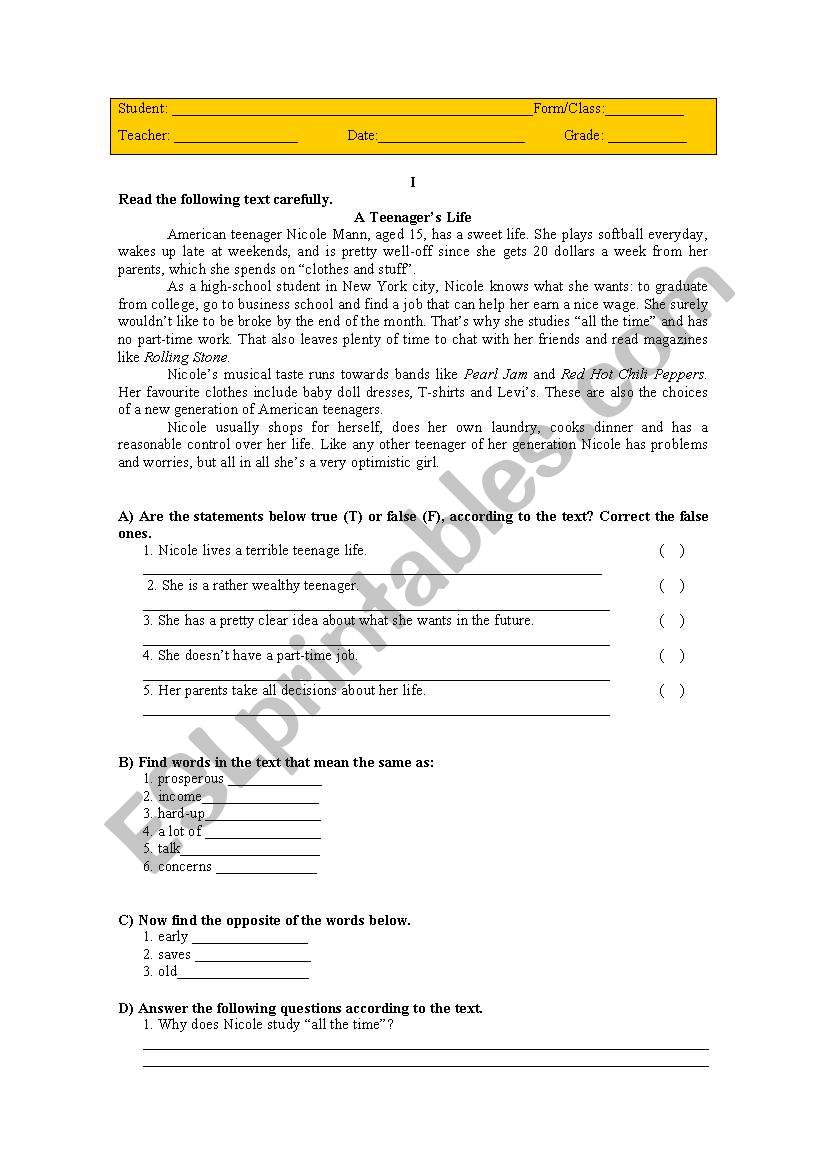 Test on JOBS/ PART-TIME JOBS worksheet