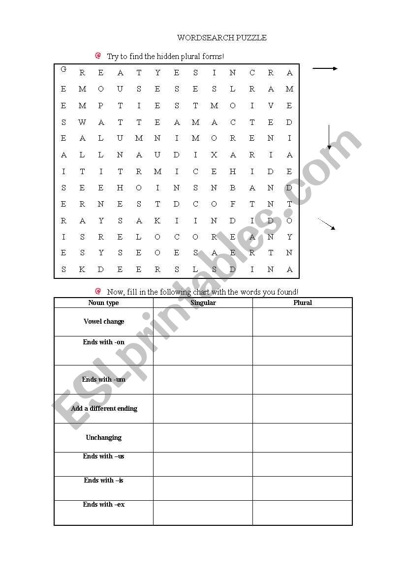 wordsearch plurals worksheet