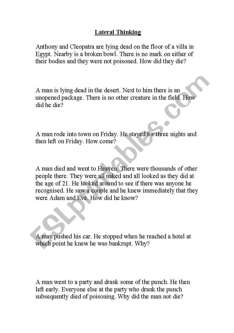 Lateral Thinking Puzzles worksheet