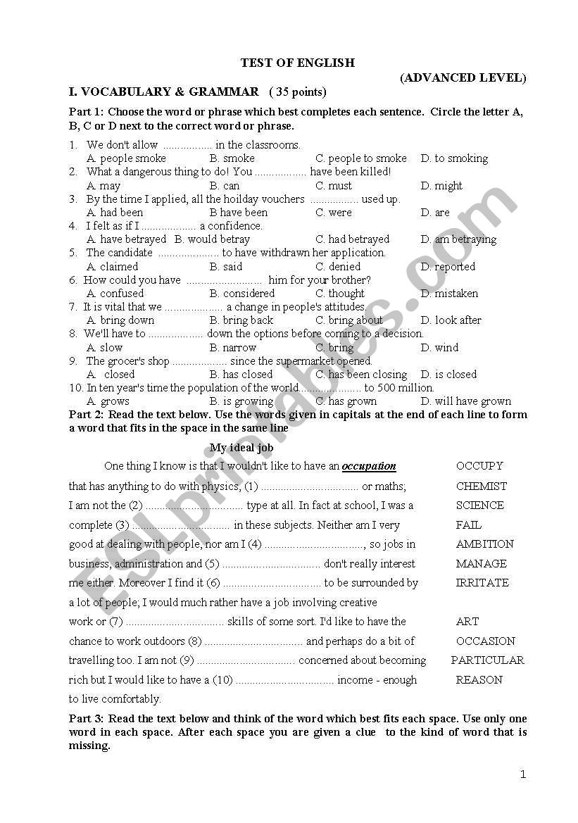 Test of English worksheet