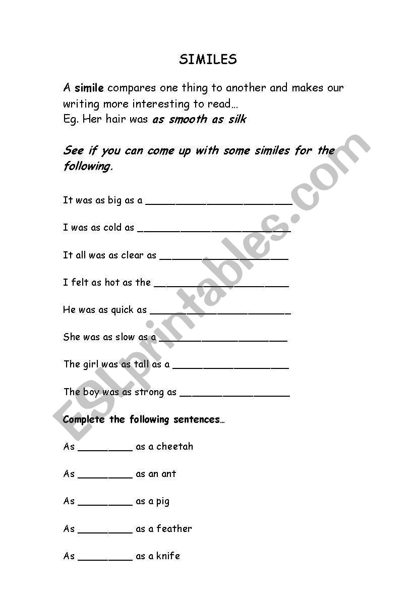 Similes 1 worksheet