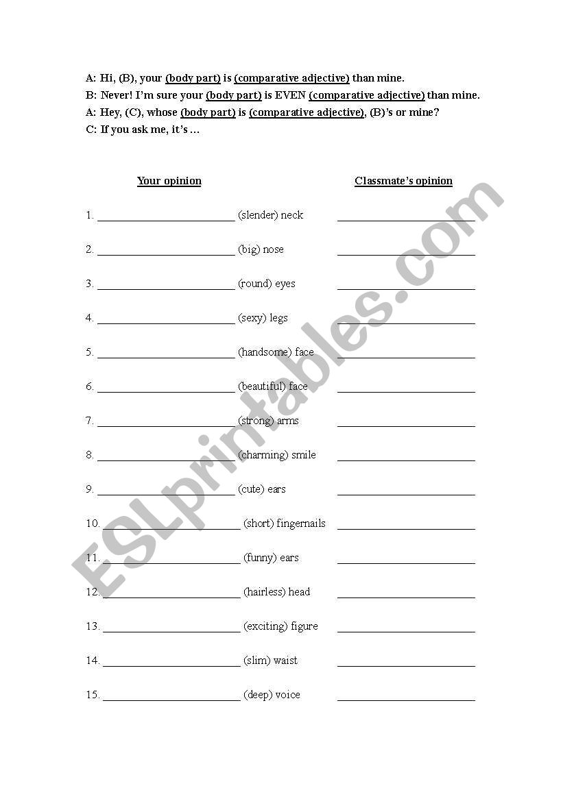 Body parts comparatives worksheet