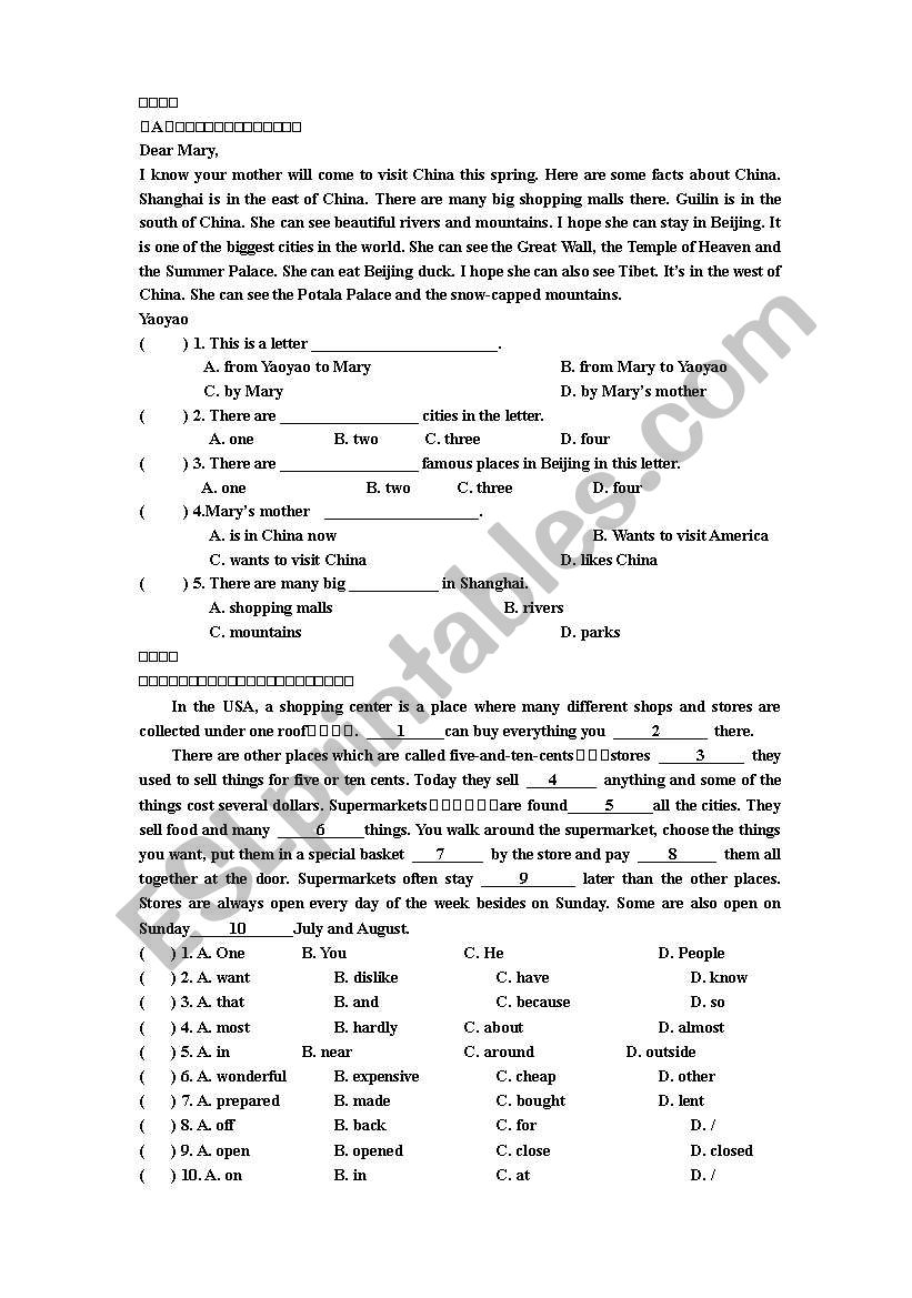 reading and cloze test worksheet